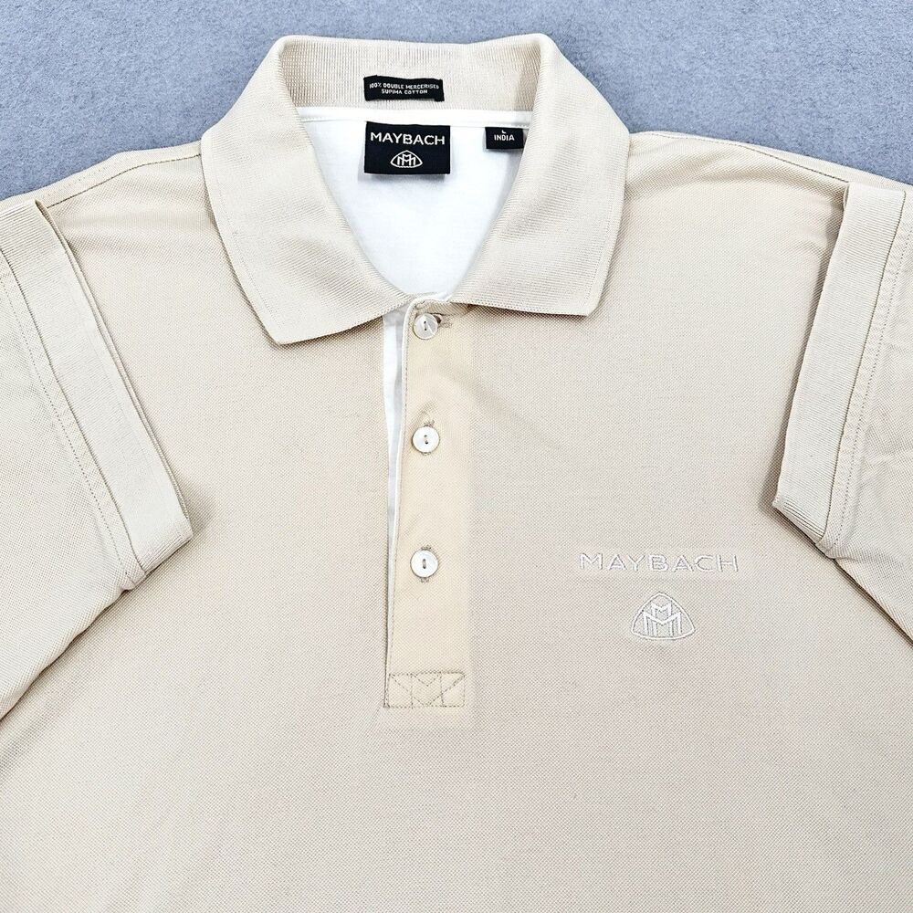 Maybach Mens Large Polo Shirt Cream Supima Cotton Golf Designer Logo Luxury Knit